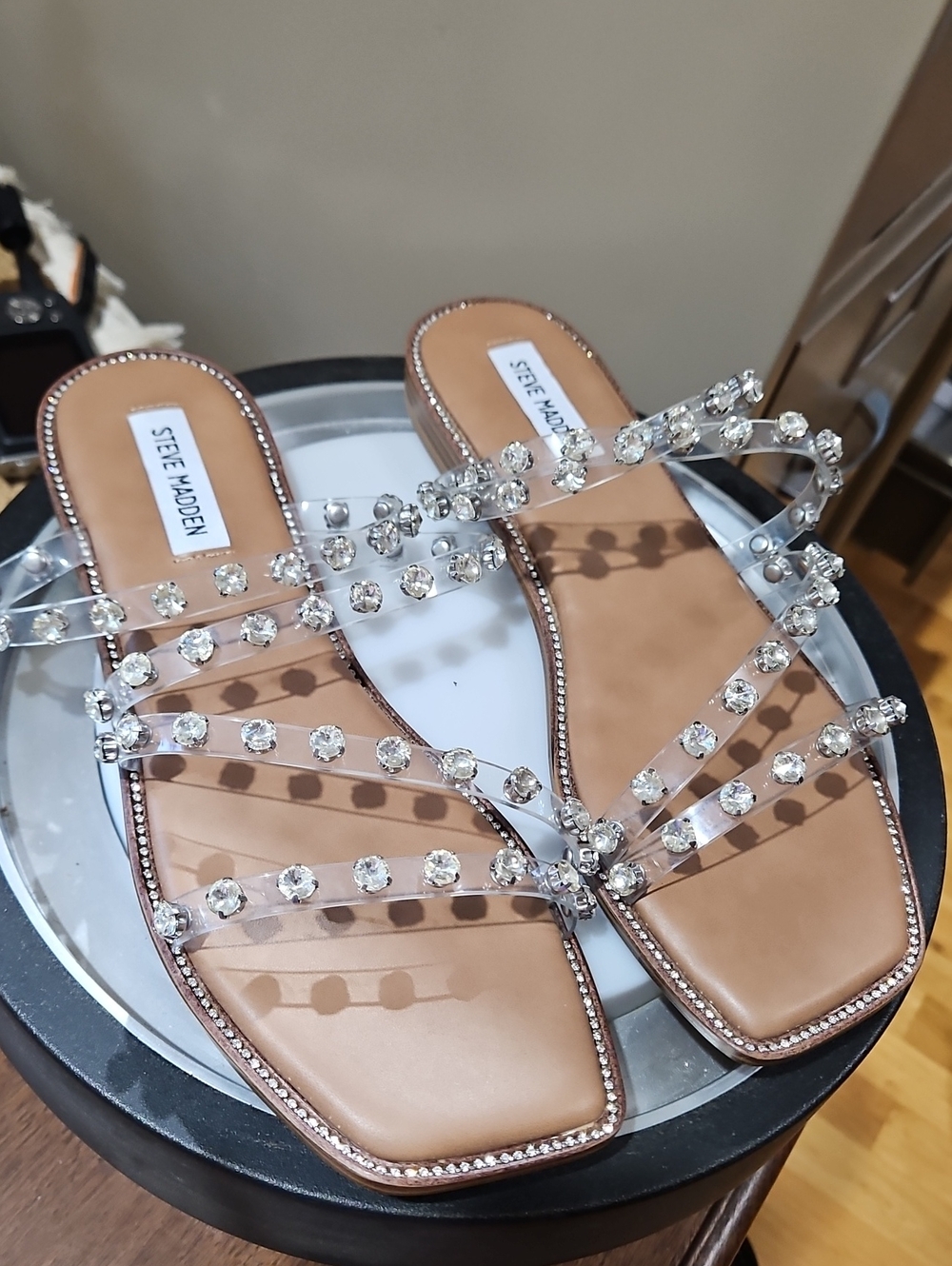 Steve Madden Clear Crystal-Strap Sandals - Tan Footbed